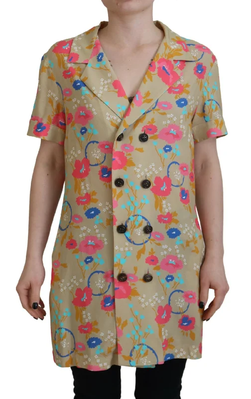 Multicolor Printed Collared Button Front Long Blouse Top Playful Puff Blouse