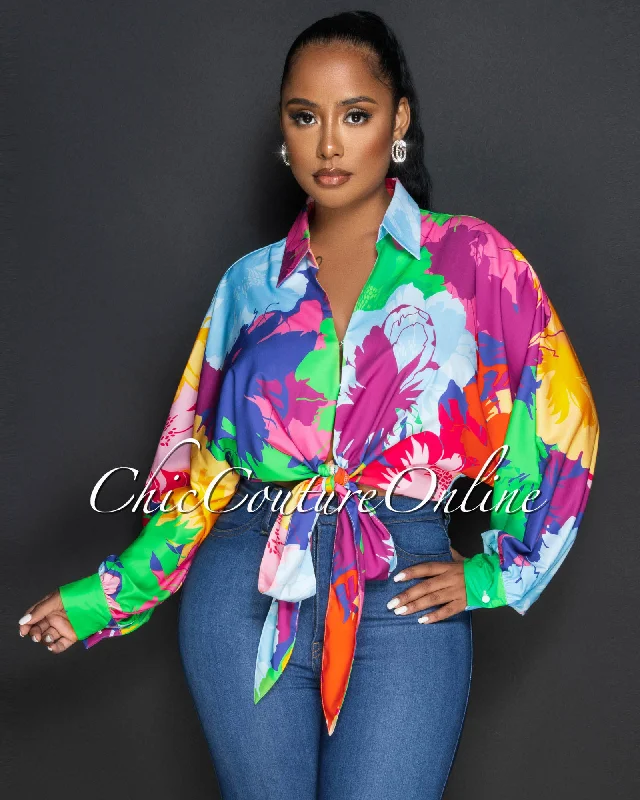 Odette Multi-Color Print Front Tie Blouse Wrap Front Blouse