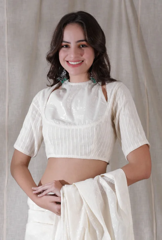 Off white shimmer stripe shoulder cut cotton blouse Chic Square Blouse