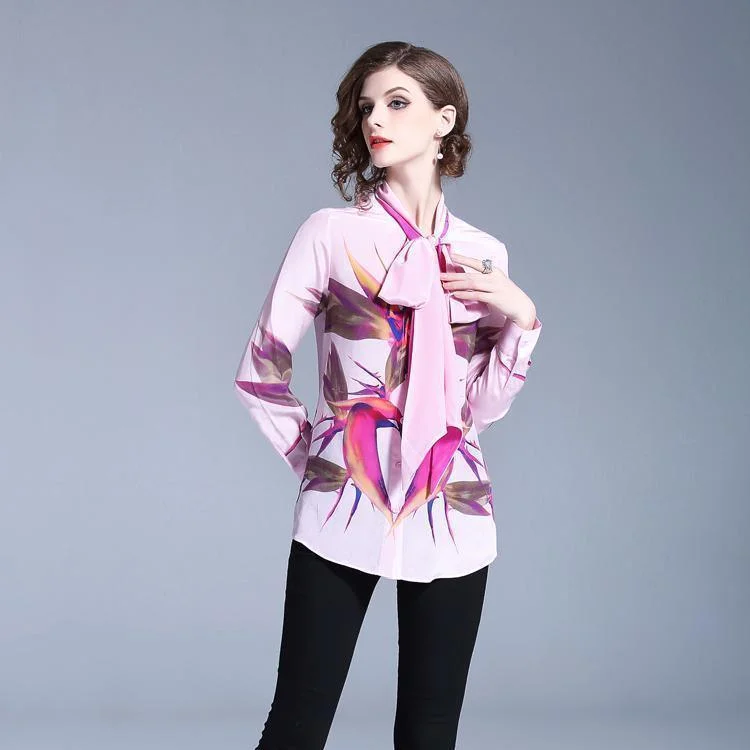 Pink Bow Tie Women Blouse Chic Ruffle Blouse