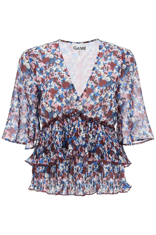 Pleated Blouse With Floral Motif Semi-Sheer Blouse