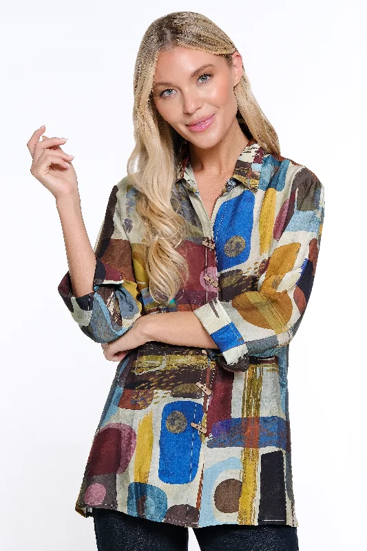 Printed Woven Button Front Blouse - Women's - Abstract Multi Versatile Layering Blouse Printed Woven Button Front Blouse - Women's - Abstract Multi Versatile Layering Blouse