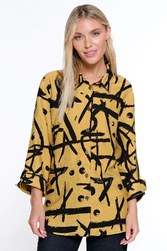 Printed Woven Button Front Blouse - Women's - Gold Modern Work Blouse
