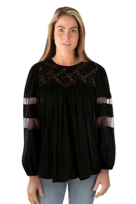 Pure Western Ladies Faye Lace Trim Blouse - Black - P3W2541705 Silky Draped Blouse