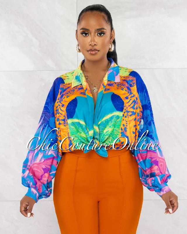 Lucinda Multi-Color Print Front Tie Blouse Cotton Casual Blouse