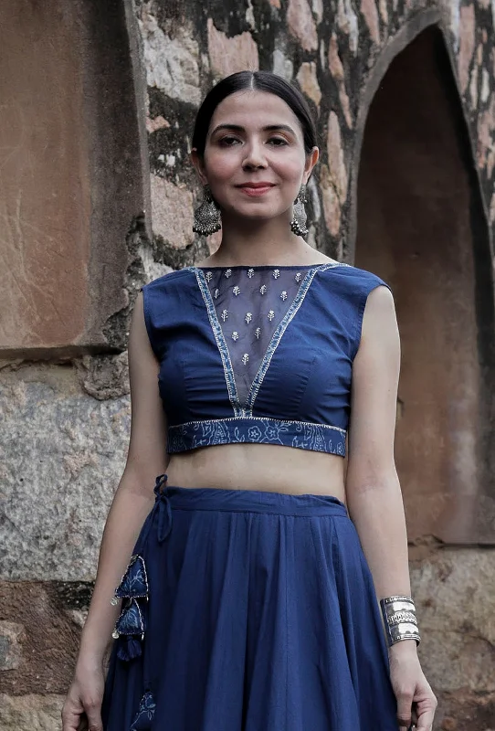 Roshni Indigo Blue Organza & Print Patched Zari Embroidered blouse Feminine Satin Blouse