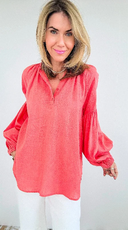 Savannah Breeze Peasant Blouse - Coral Chic Wrap Blouse