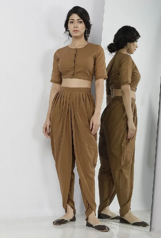 Set of 2: Kanak Plain Beige Cotton Blouse with Beige Cotton Dhoti Casual Stripe Blouse