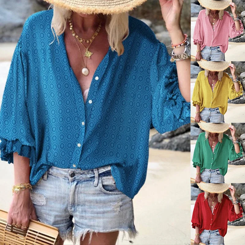 Small dot casual button down blouse for women Casual Relaxed Fit Blouse