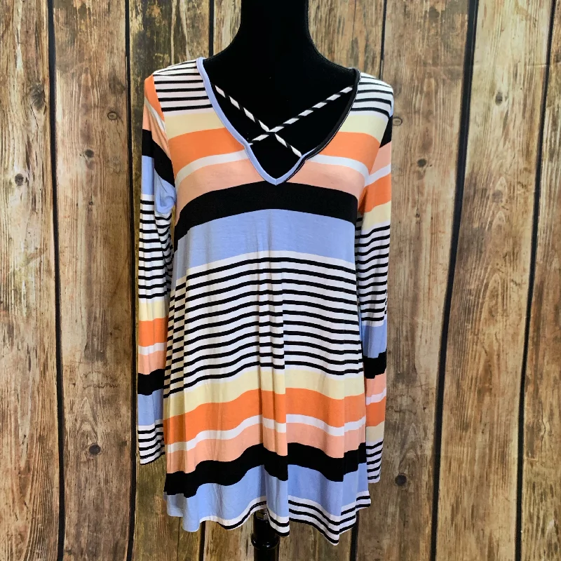 Criss Cross Striped Blouse Ruched Sleeve Blouse