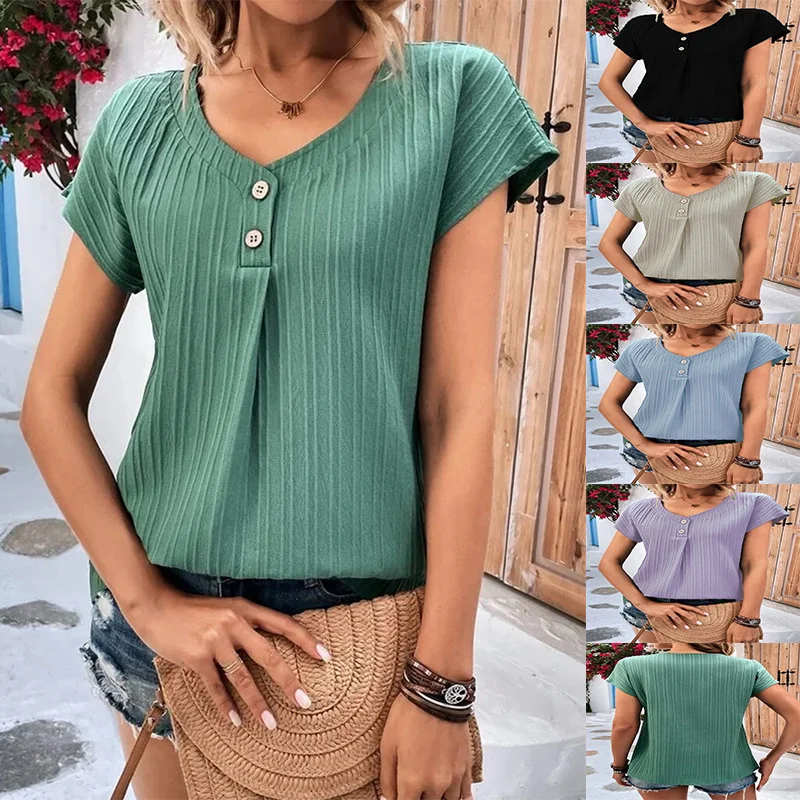 Summer Women Casual Solid Color Buttoned Fashion Short-Sleeved Blouse High Neck Blouse