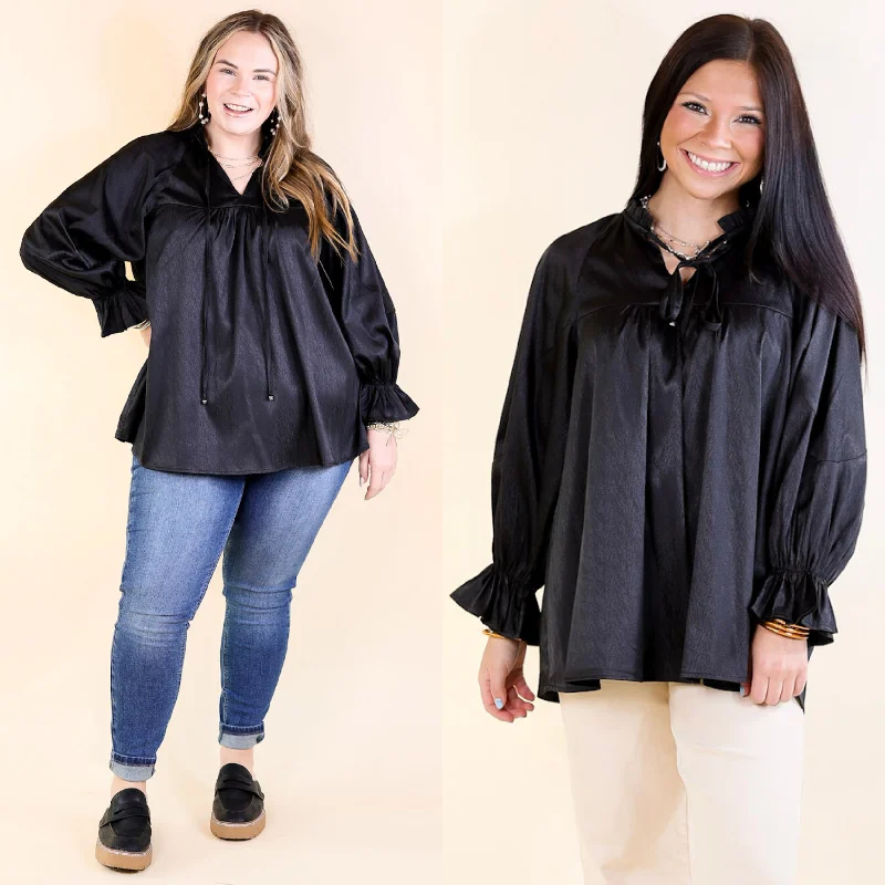 Sunset Situation Front Tie Keyhole Blouse in Black Lightweight Tunic Blouse