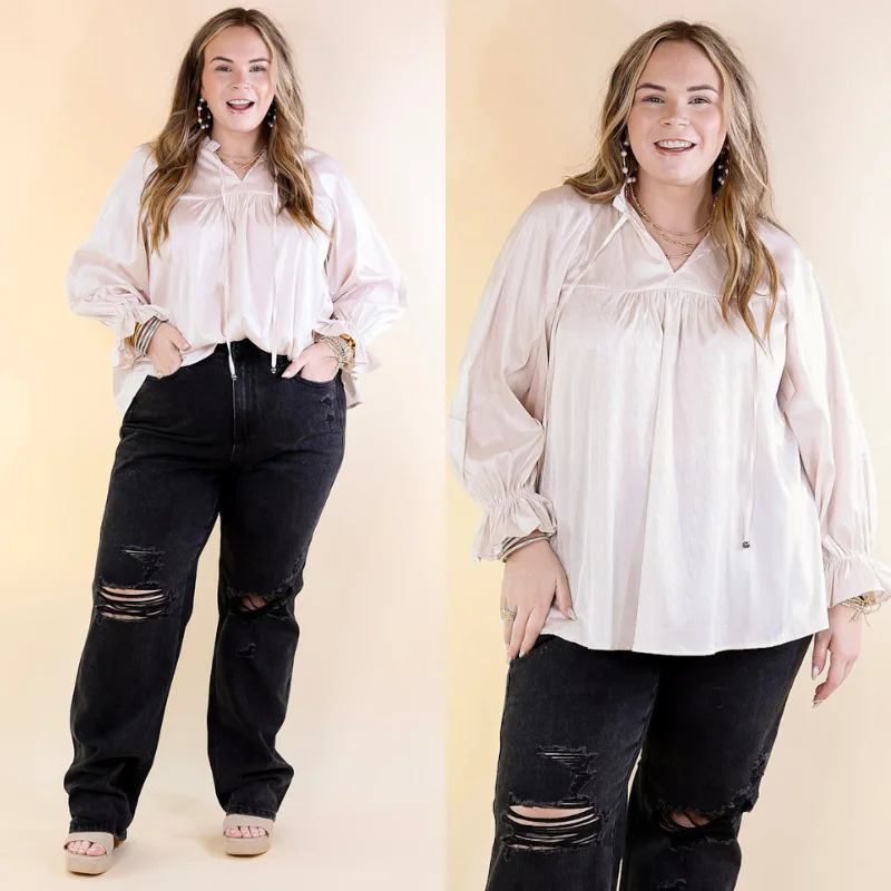 Sunset Situation Front Tie Keyhole Blouse in Ivory Stretchy Fitted Blouse