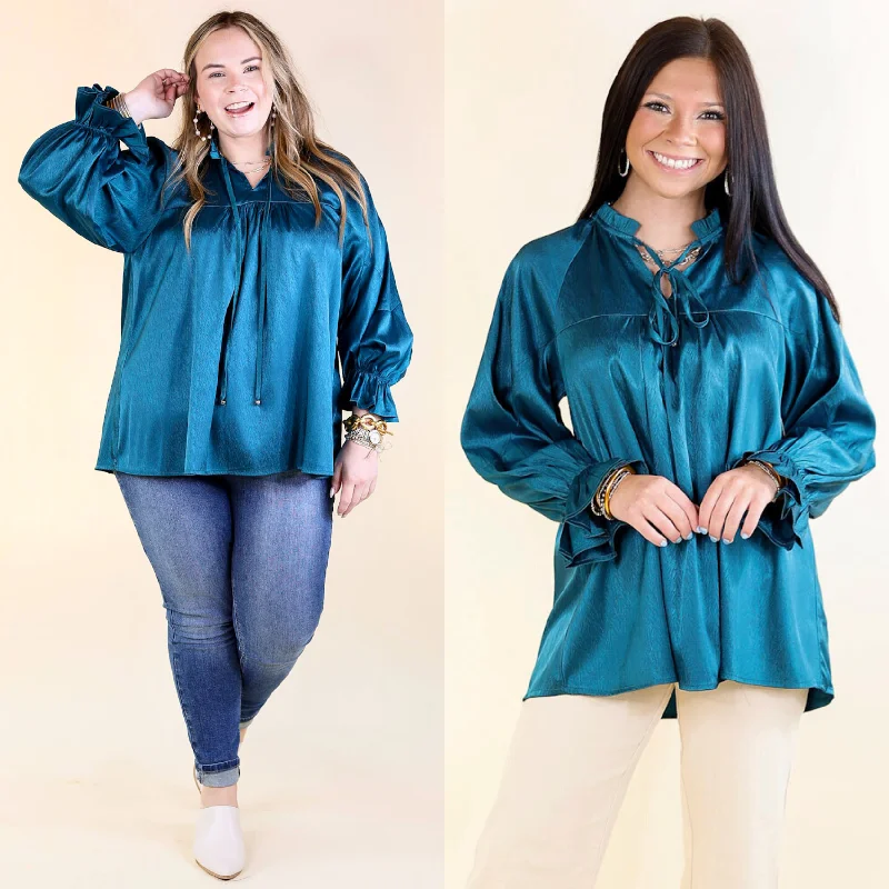 Sunset Situation Front Tie Keyhole Blouse in Teal Blue Subtle Shimmer Blouse