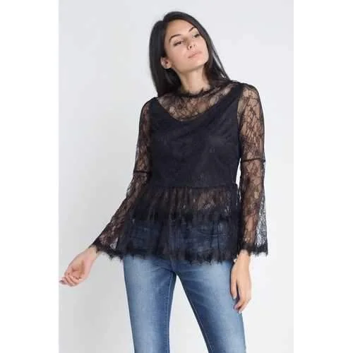 Women's Semi Lace Zipper Back Flare Sleeve Blouse Sleeveless Summer Blouse