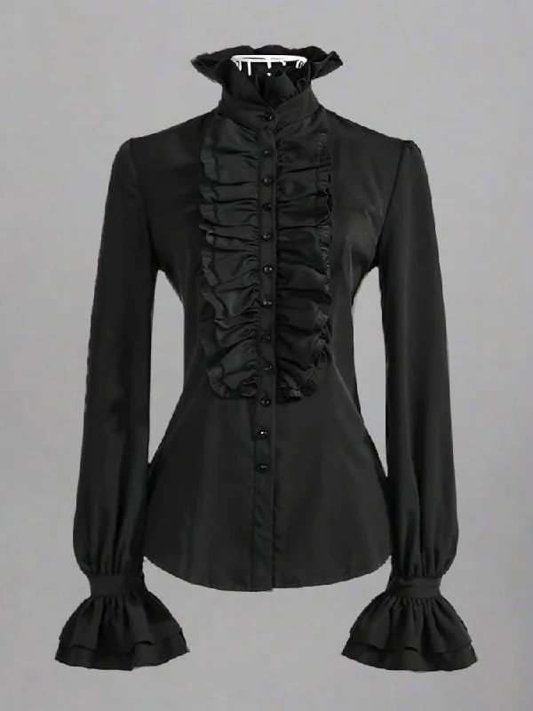 Visual Kei Formal Black Ruffled Collar Long Sleeve Blouse Loose Oversized Blouse