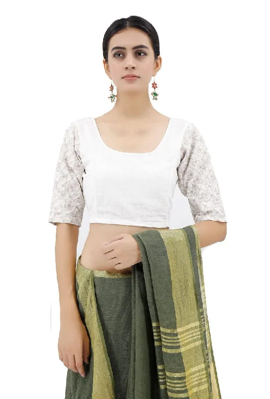 White Blouse With Beige Kantha Sleeves Mandarin Collar Blouse