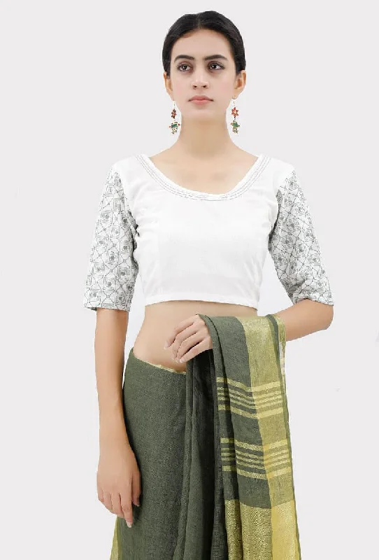 White Blouse With Green Kantha Sleeves Bell Sleeve Blouse