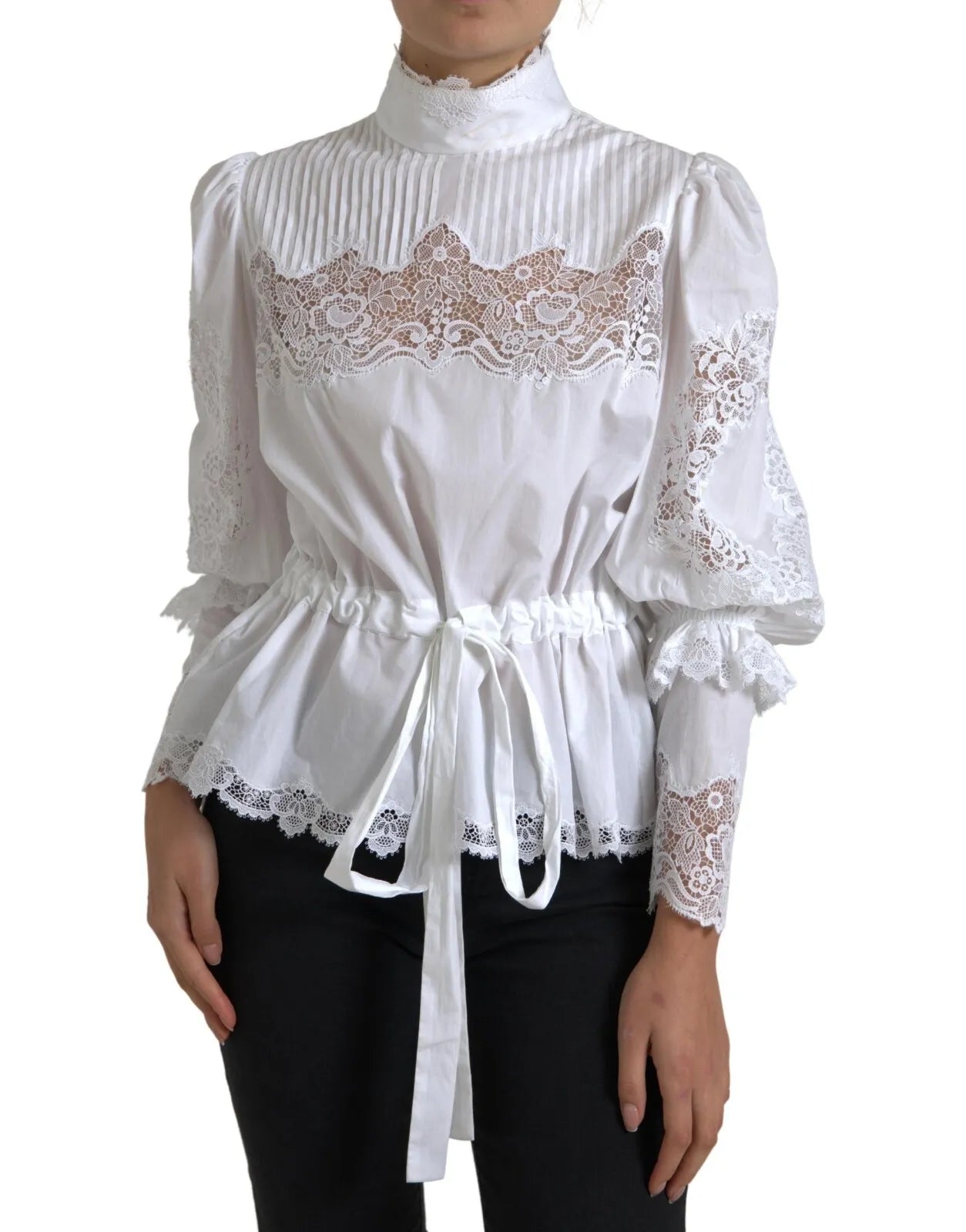 White Cotton Lace Trim Turtle Neck Top Blouse Ruched Sleeve Blouse
