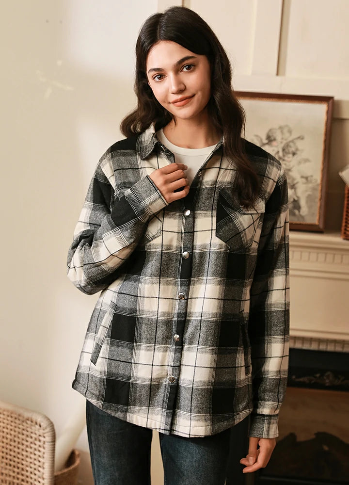 Women's Matching Family Black White Snap Up Flannel Shacket Romantic Lace Blouse