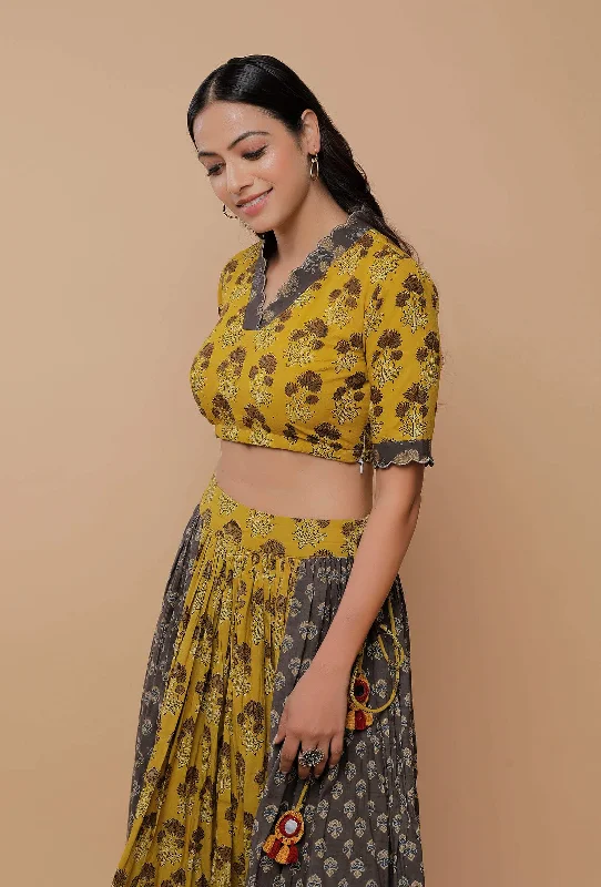 Yellow And Grey Handblock Printed Ajrakh Creative V Neck Blouse Pleated Collar Blouse