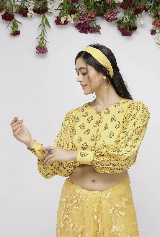Yellow Cotton  Hand-Block Printed Blouse Sheer Mesh Blouse