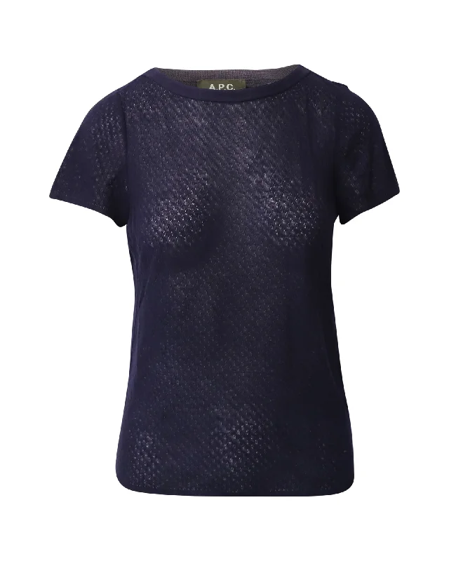A.P.C. Crew Neck T-Shirt in Navy Blue Tencel Knit Fabric Woven Fabric Fleece Fabric