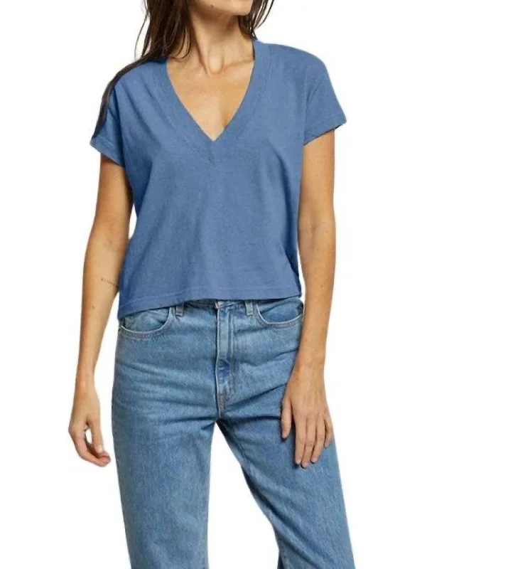 Alanis Cotton V-Neck Tee In Carolina Blue Graphic Embroidered Appliqued
