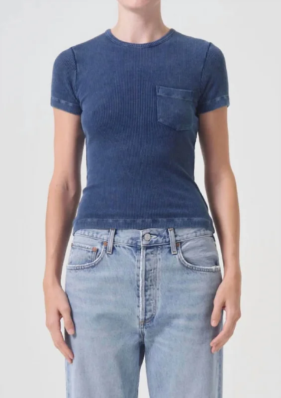 Arlo Rib Pocket Tee In Indigo Striped Floral Plaid