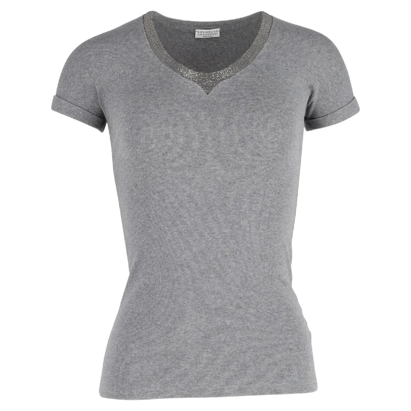 Brunello Cucinelli Metallic Neckline T-Shirt in Grey Cotton Plaid T-Shirt Polka Dot Checkered Brunello Cucinelli Metallic Neckline T-Shirt in Grey Cotton Plaid T-Shirt Polka Dot Checkered