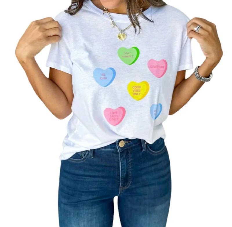 Candy Hearts Loose Tee In White Cotton Fabric Linen Fabric Terry Fabric