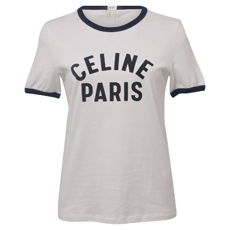 Celine Logo Short Sleeve T-Shirt in White Cotton Layered Multi-layer Single Layer