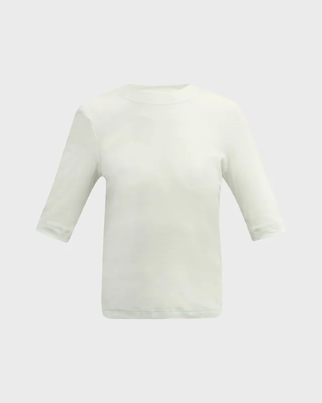 Crewneck Elbow-Sleeve Jersey T-Shirt Solid Print Embellished