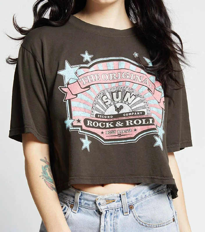 Elvis X Sun Records Crop Tee In Vintage Black Ribbed Striped Patterned