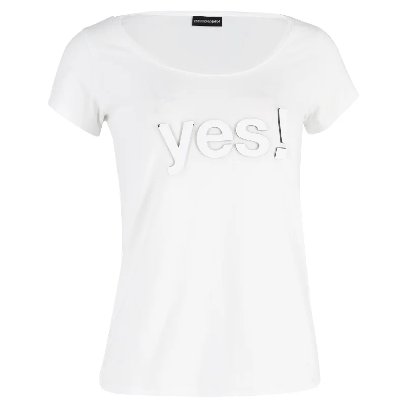 Emporio Armani Embossed Yes T-Shirt in White Cotton Polka Dot Checkered Tartan