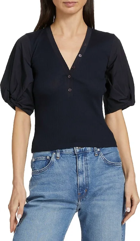 Fallon Mixed Media Tee In Black Front Pockets Side Pockets Patch Pockets