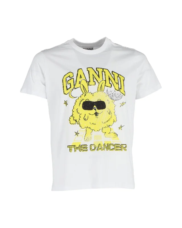 Ganni Dance Bunny T-Shirt in White Cotton Satin Blend Silk Blend Wool Blend