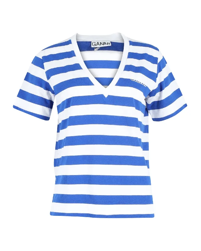Ganni Striped V-neck T-shirt in Blue and White Cotton Knit Fabric Woven Fabric Fleece Fabric Ganni Striped V-neck T-shirt in Blue and White Cotton Knit Fabric Woven Fabric Fleece Fabric