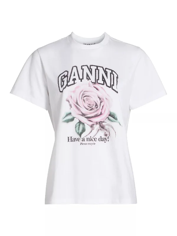Ganni Women's Rose Print Tee, Bright White Spandex Blend Rayon Blend Denim Blend
