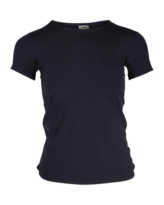 Jil Sander Short Sleeve T-Shirt in Navy Polyester Silk Blend Satin Velvet