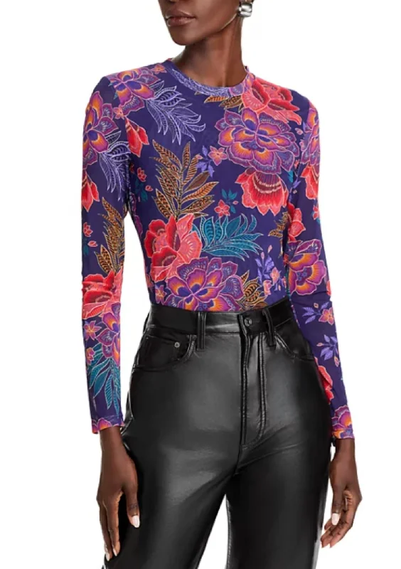 Natalie Long Sleeve Mesh Tee In Etta's Garden Zippered Front Buttoned Front Snap Front