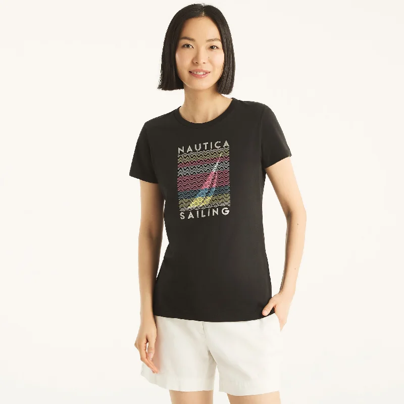 Nautica Womens Glitter J-Class Graphic T-Shirt Real Fur Shearling Chenille