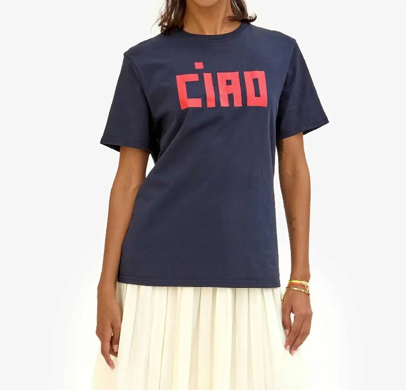 Original Tee In Navy With Bright Poppy Block Ciao Beaded Sequined Faux Fur