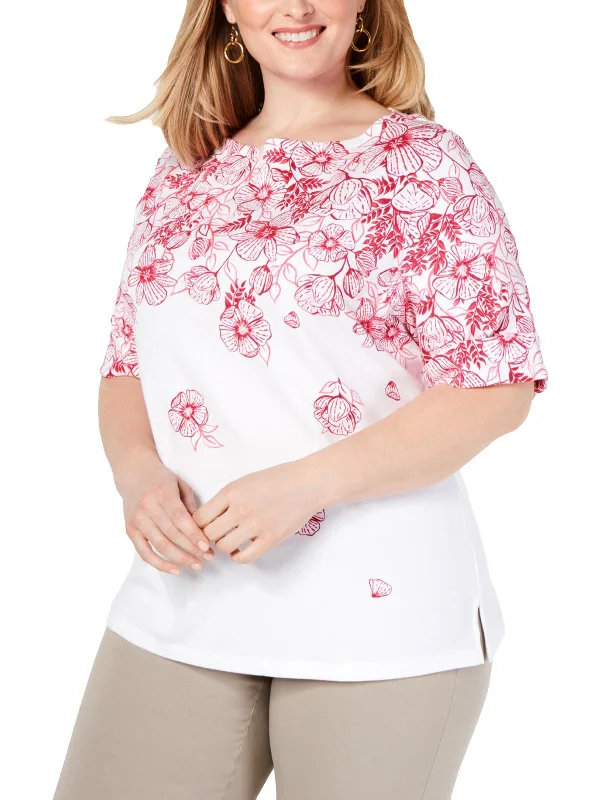 Plus Magnolia Womens Floral Cuffed-Sleeve T-Shirt Knit Fabric Woven Fabric Fleece Fabric