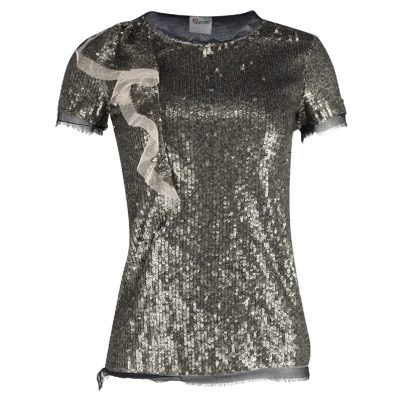 Red Valentino Ruffle Detail T-shirt in Silver Sequins Print Jacquard Patchwork