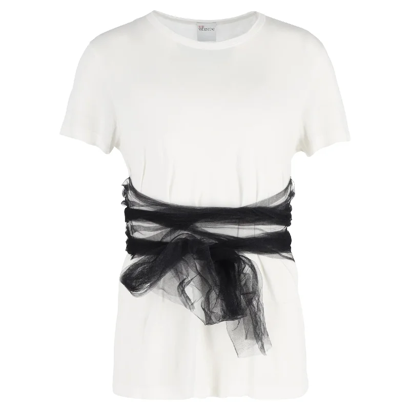 RED Valentino Wrapped T-Shirt in White Cotton Mesh Blend Leather Blend Suede Blend
