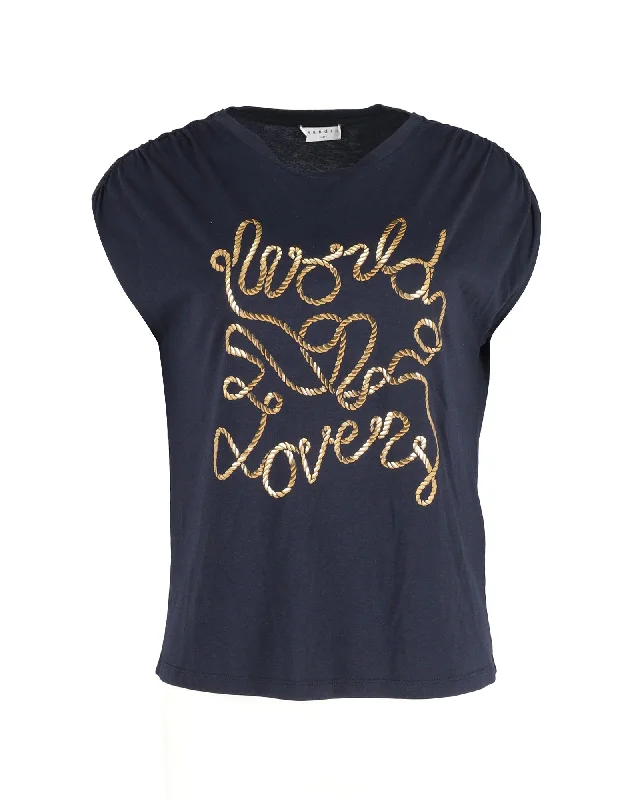 Sandro Paris World Lovers Print T-shirt in Navy Blue Modal Chenille Fabric Brocade Fabric Lace Fabric Sandro Paris World Lovers Print T-shirt in Navy Blue Modal Chenille Fabric Brocade Fabric Lace Fabric