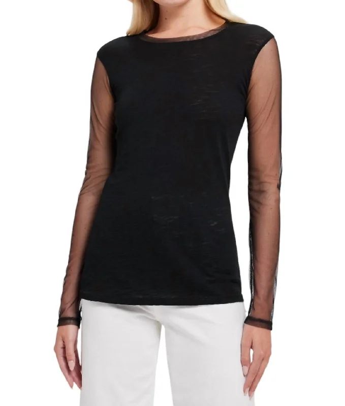 Tulle Sleeve Tee In Black Mesh Canvas Denim