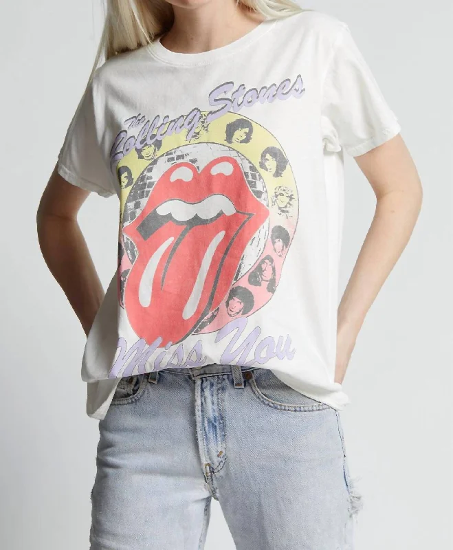 Unisex - Rolling Stones Miss You Tee In White Real Fur Shearling Chenille