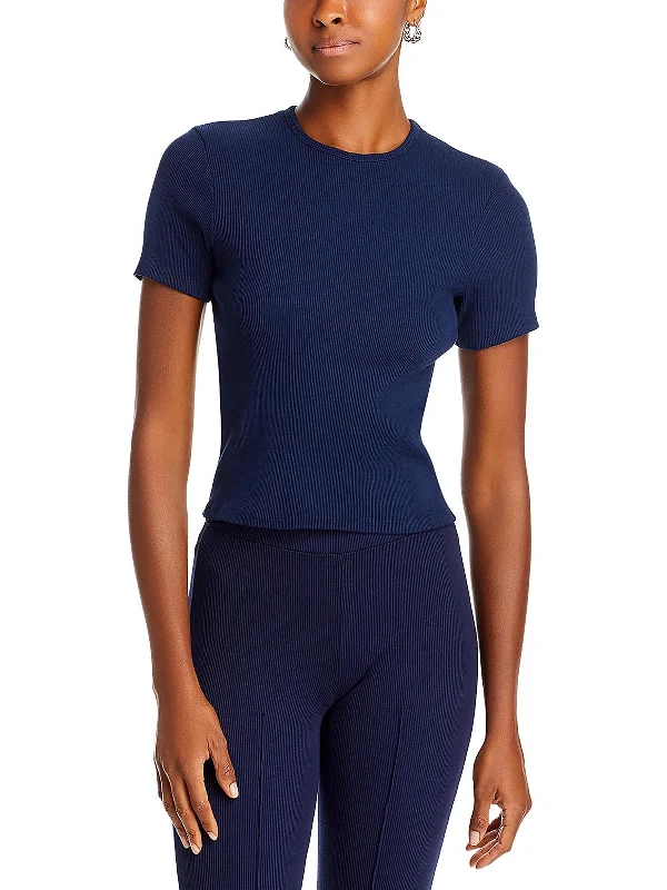 Womens Crewneck Cotton T-Shirt Mesh Blend Leather Blend Suede Blend